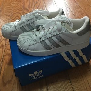 Adidas superstar silver and white shoes