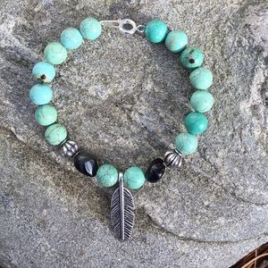 Turquoise & Black Agate Stone Feather Bracelet