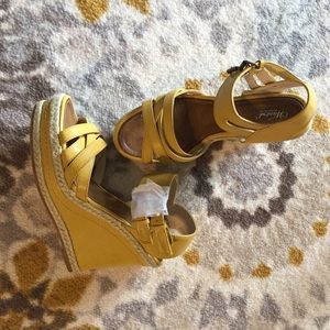 Yellow leather wedge espadrille sandals