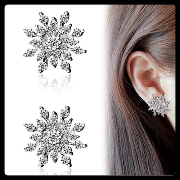 Silver Rhinestone Snowflake Earrings - Picture 2 of 6