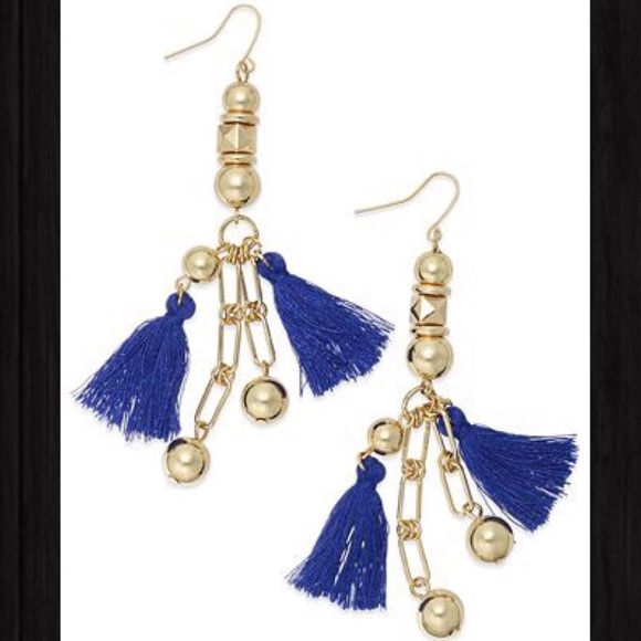 Bar III Blue & Gold Tassel Drop Earrings! - Picture 1 of 3