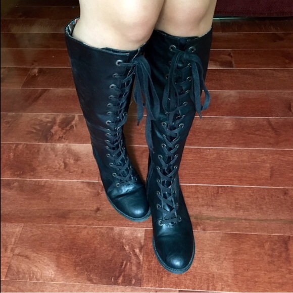 Black lace up leather knee high boots