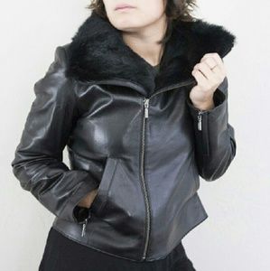 Rabbit Fur Collared Leather Jacket