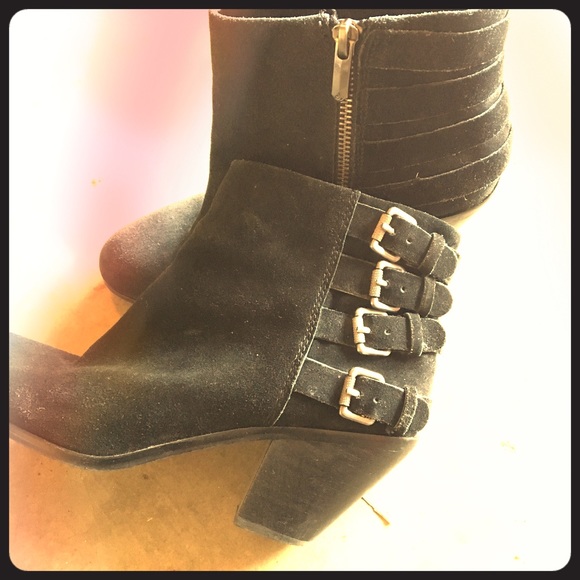 Black suede booties with buckles