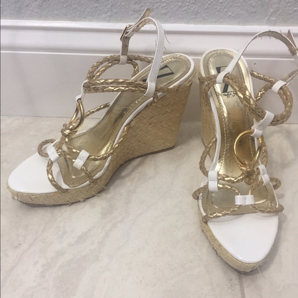 White wedges with gold accessories