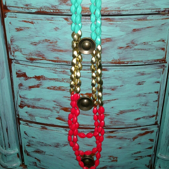 Turquoise, coral, and gold long beaded necklace