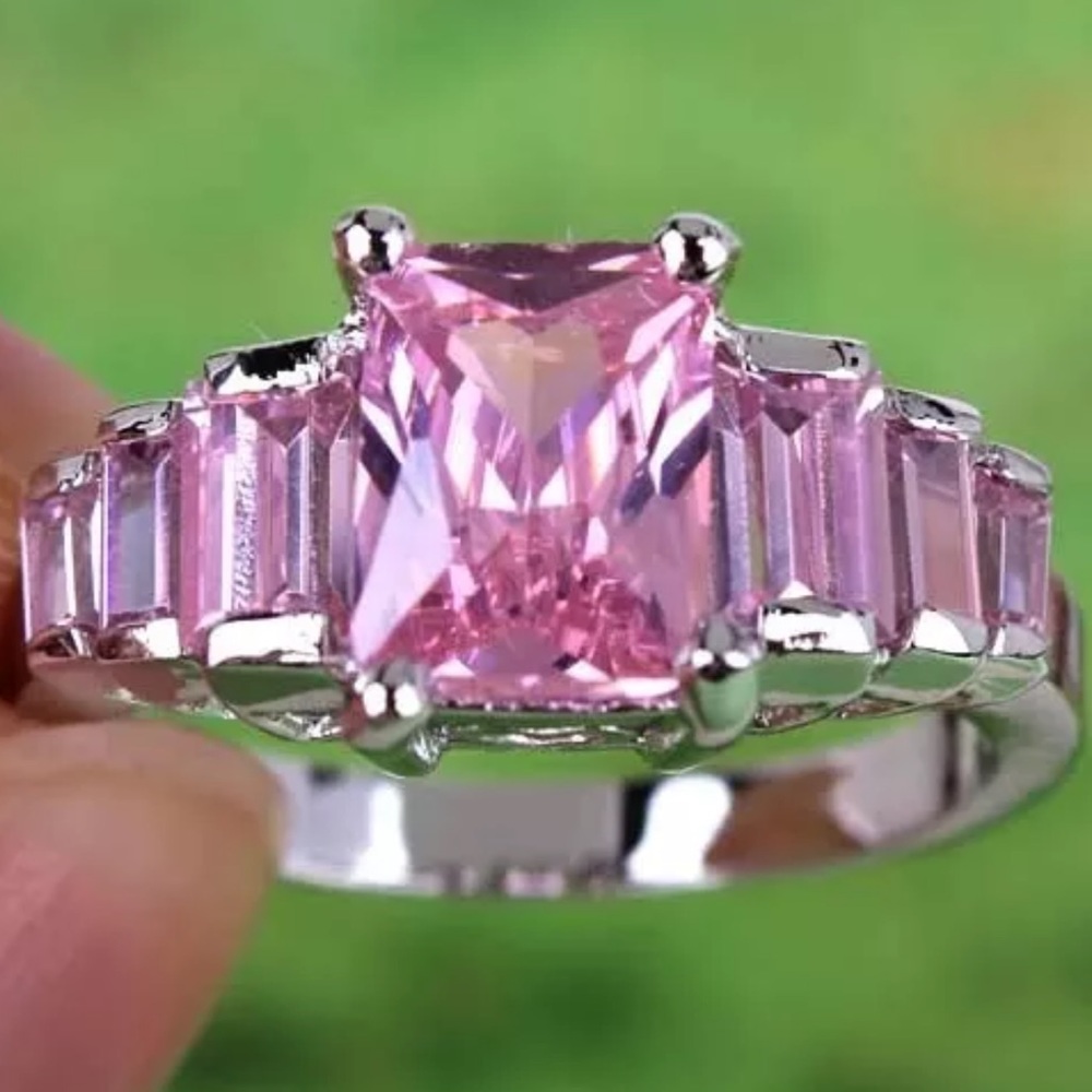 Rectangle Pink Zircon Rhinestones, Solid Silver