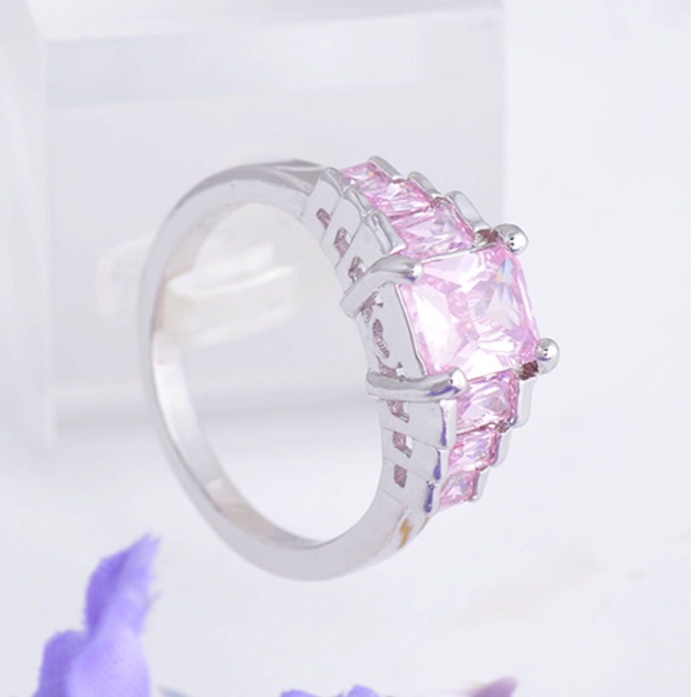 Rectangle Pink Zircon Rhinestones, Solid Silver - Picture 2 of 8