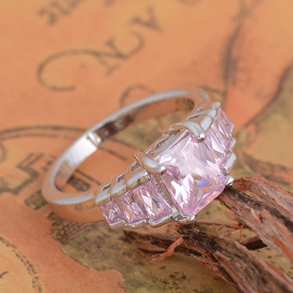 Rectangle Pink Zircon Rhinestones, Solid Silver - Picture 4 of 8