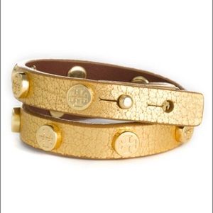 Tory Burch Metallic Gold Leather Wrap Bracelet