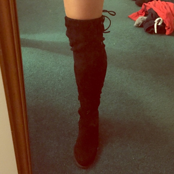 Black faux suede over the knee boots