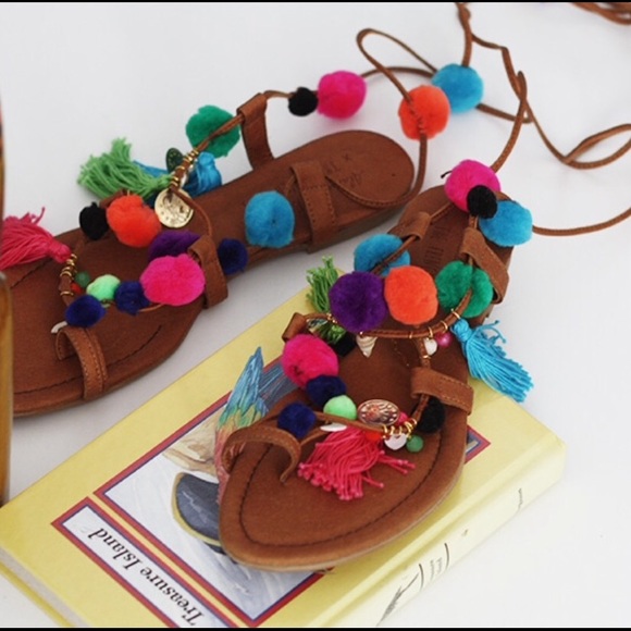 Alameda Turquesa- Real Leather Pom-Pom Sandals