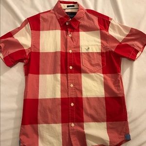 American Eagle plaid short sleeve button-up shirt.