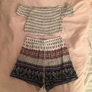two piece set, shorts and off the shoulder top