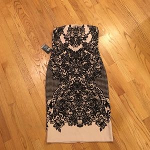 Express sheath strapless lace print dress
