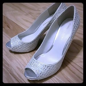 Gold and silver peep toe pumps