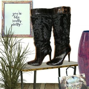 Dolce & Gabbana  Black Fur Leather Spike Knee Boot