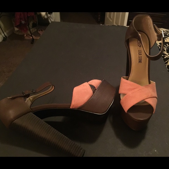 Brown Leather and Pink Suede Platform Heels - New