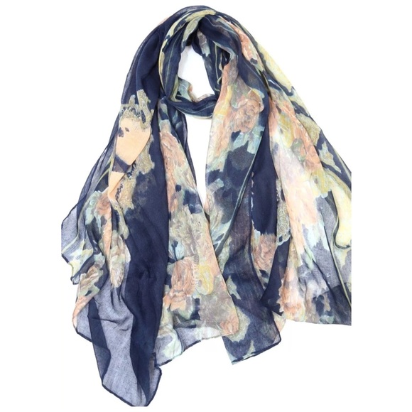 B144 Blue Paris Marie Antoinette Flower Scarf - Picture 2 of 4