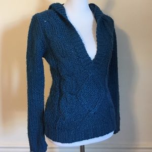 🎉SALE🎉 Teal V-Neck Hooded Cable-Knit Sweater