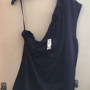 One sleeve satin blouse, pleated on shoulder.