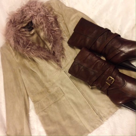 NWOT TERRY LEWIS AUTH Leather Coat w/ fur collar - Picture 1 of 4