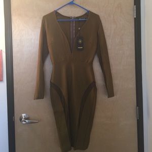 Olive green body con dress with Mesh