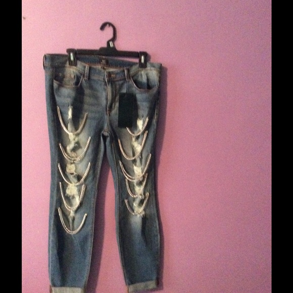 Hand stitched chain denim distressed jeans - Picture 1 of 1