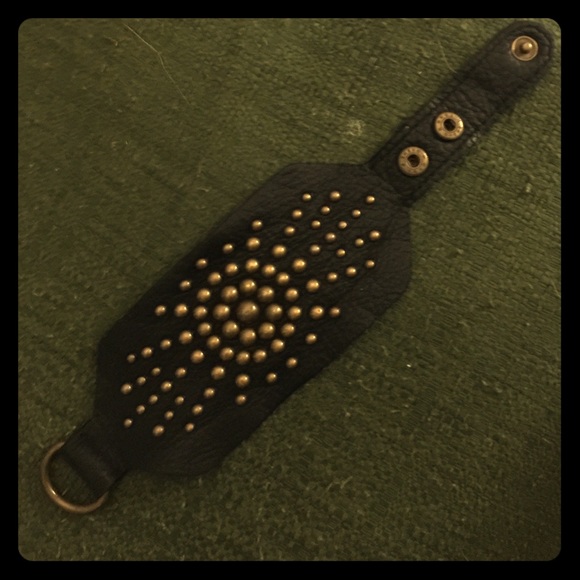 Brass and leather black cuff bracelet