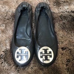 Authentic Tory Burch Leather Flats, Black & Silver