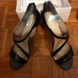 BRAND NEW patent leather black open toe heels