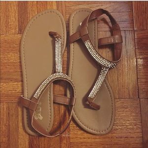 Brown leather crystal gladiators