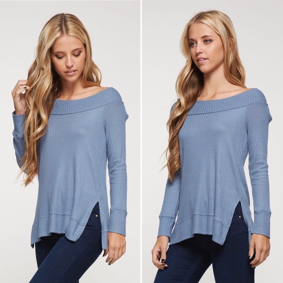 Blue Waffle Boat Neck Knit Top - Picture 2 of 7