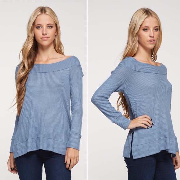 Maronie Tops - Blue Waffle Boat Neck Knit Top