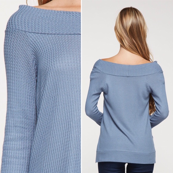 Blue Waffle Boat Neck Knit Top - Picture 3 of 7