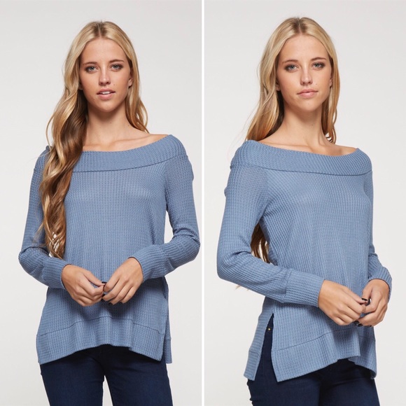 Blue Waffle Boat Neck Knit Top - Picture 4 of 7