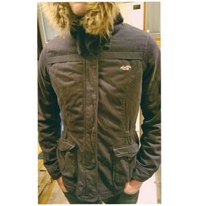 Navy Hollister Sherpa Womens Jacket sz. L fur hood