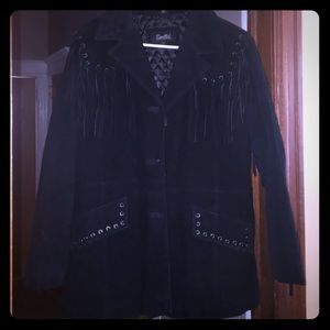 Excelled Black Suede Coat with Fringes