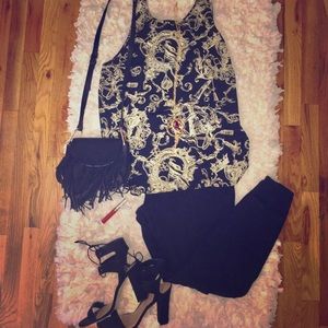 Black & cream plus woven slit back sleeveless top