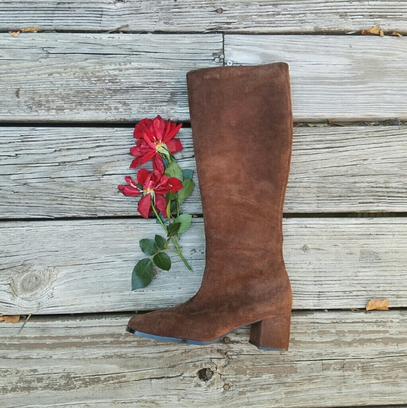 Genuine Brown Suede Mid Calf Boots 
Block Heel