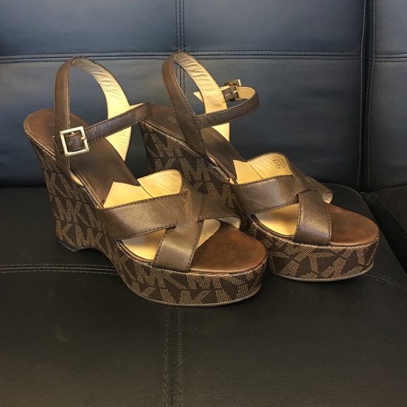 MICHAEL Michael Kors Shoes - Michael Kors brown leather 4" monogram wedges