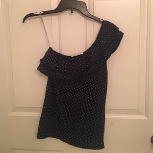 Blue Polkadot over the shoulder blouse