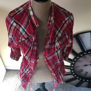 Red plaid quarter length button up shirt