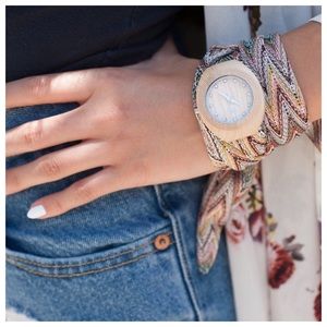 WeWood Belle Beige Wooden Wrap Watch w/ Scarf Band