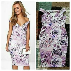 Boohoo Plus Olivia Plunge Bardot Floral Midi