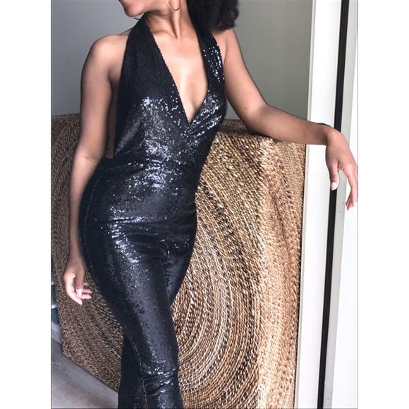 black sequin halter jumpsuit
