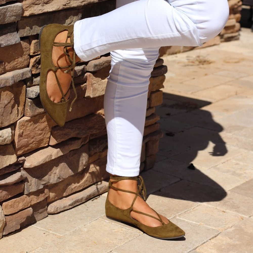 Olive Lace Up Ballet Flats