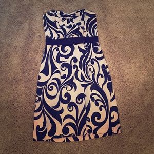 Navy and white strapless A-line