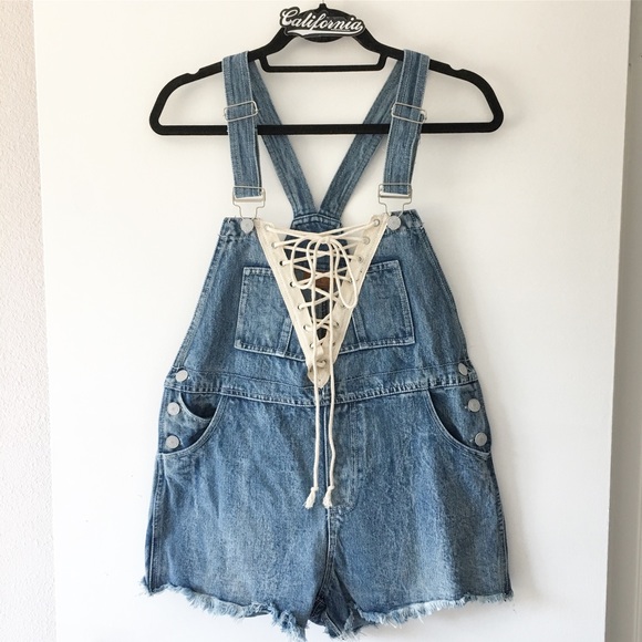 New denim lace up overall shorts - Picture 3 of 6