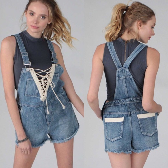 New denim lace up overall shorts - Picture 2 of 6